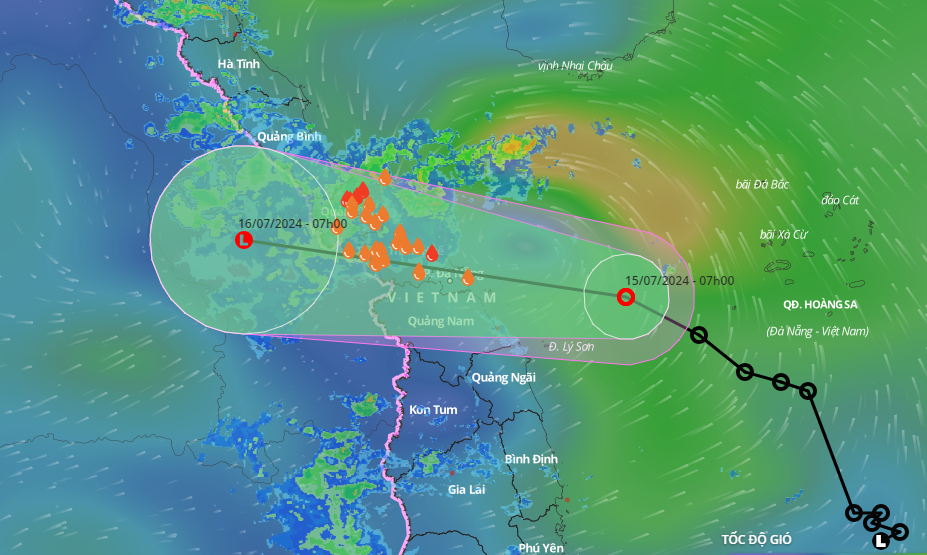 Vị trí và hướng di chuyển áp thấp nhiệt đới lúc 7h sáng 15-7 - Ảnh: NCHMF