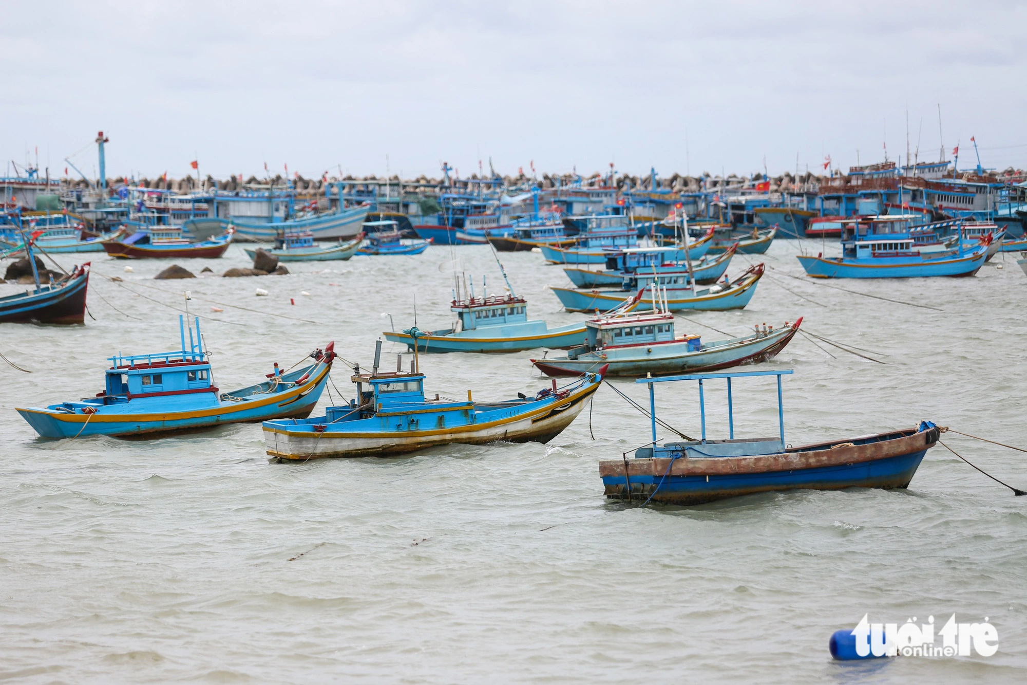 Ghe, thuyền của ngư dân neo đậu tại nơi an toàn của đảo Phú Quý, tỉnh Bình Thuận chiều 19-7 - Ảnh: PHƯƠNG QUYÊN